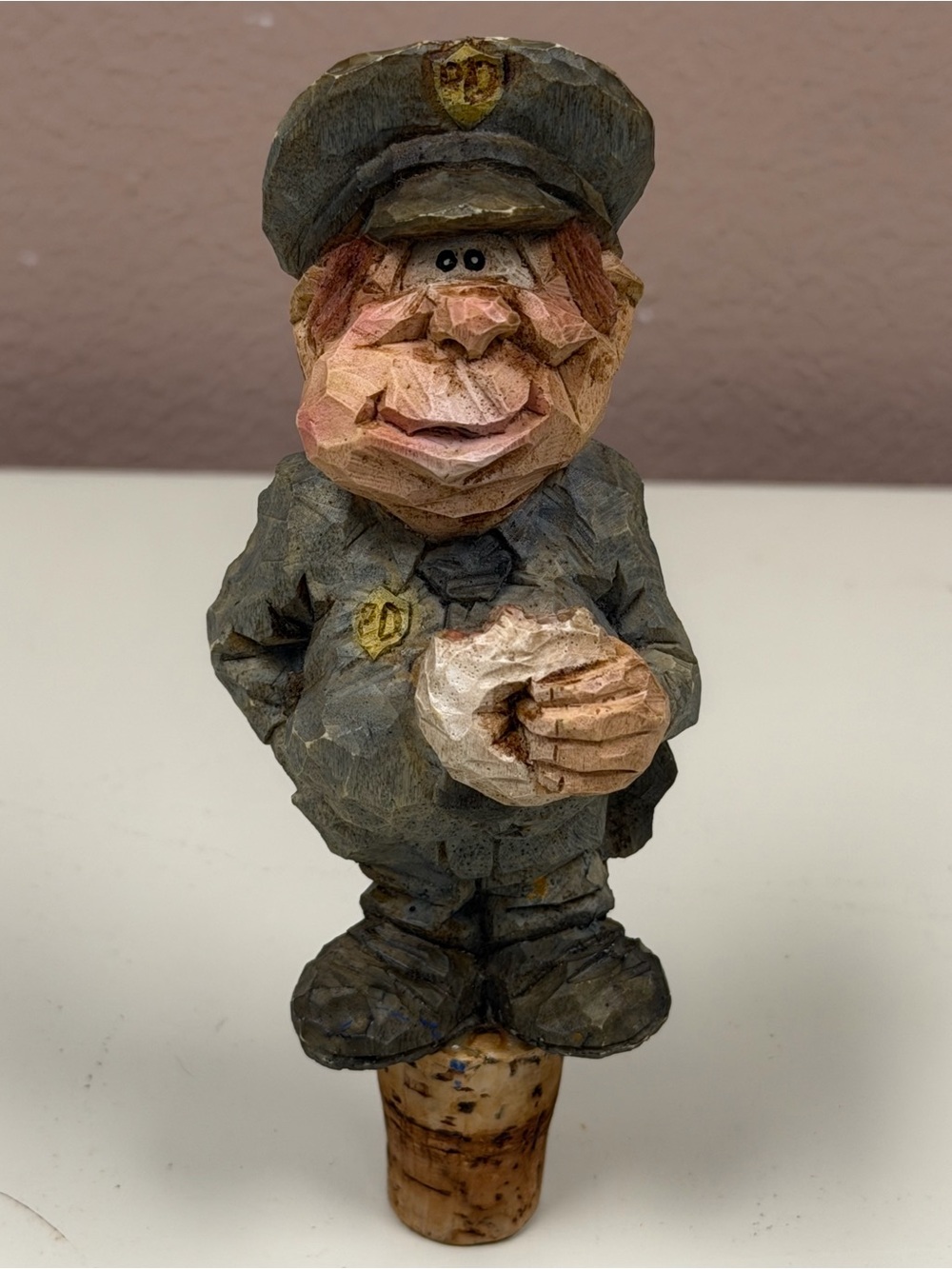 Hand-Carved Police Officer Holding & Eating Donut Bottle Stopper Cop Wine Cork